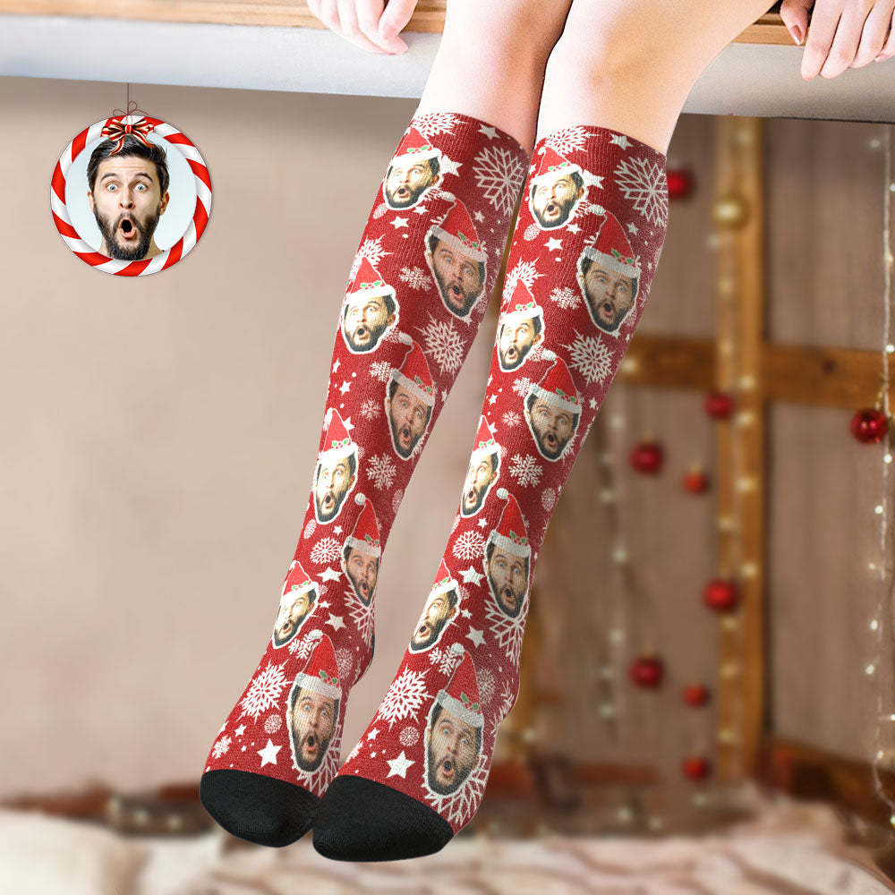 Custom Knee High Socks Personalized Face Christmas Socks Snowflake	 - FaceSocksUSA