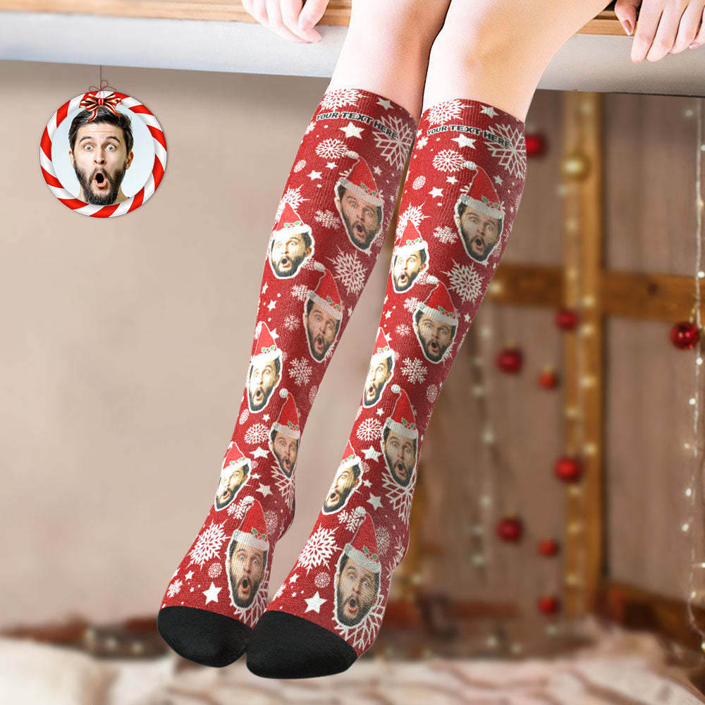 Custom Knee High Socks Personalized Face Christmas Socks Snowflake	 - FaceSocksUSA