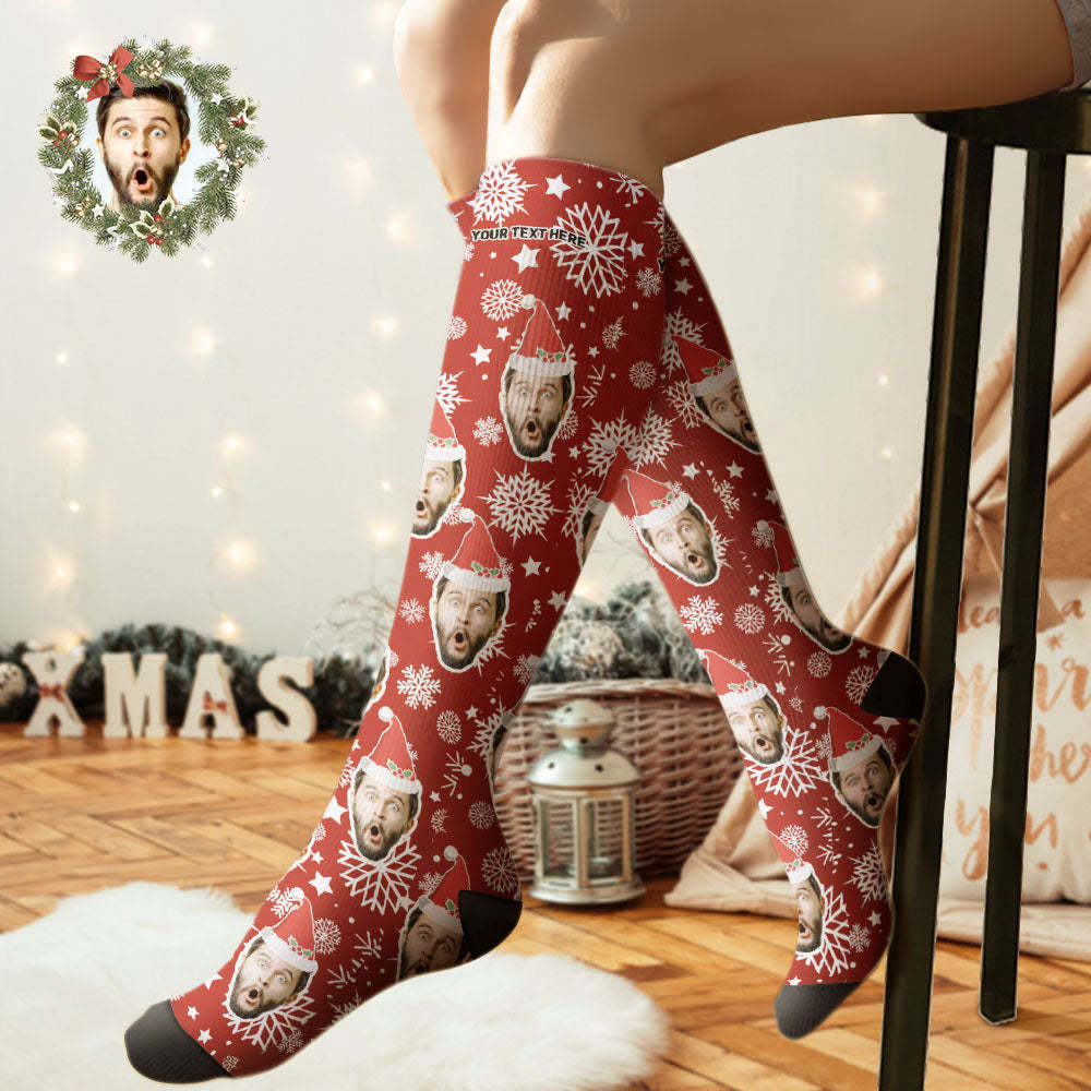 Custom Knee High Socks Personalized Face Christmas Socks Snowflake	 - FaceSocksUSA
