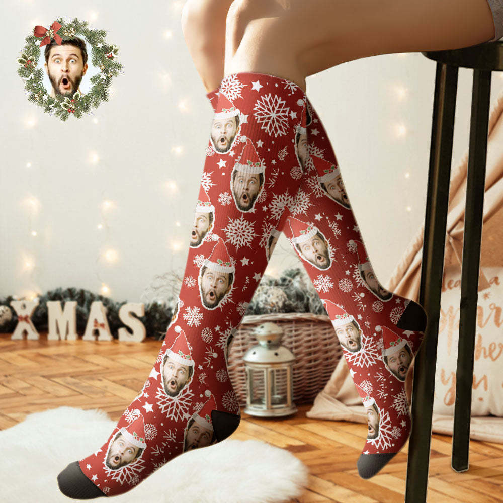 Custom Knee High Socks Personalized Face Christmas Socks Snowflake	 - FaceSocksUSA