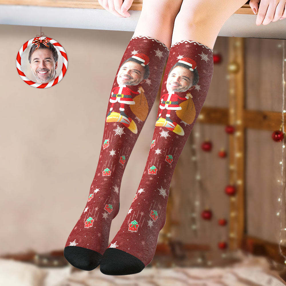 Custom Knee High Socks Personalized Big Face Christmas Socks Santa Claus	 - FaceSocksUSA