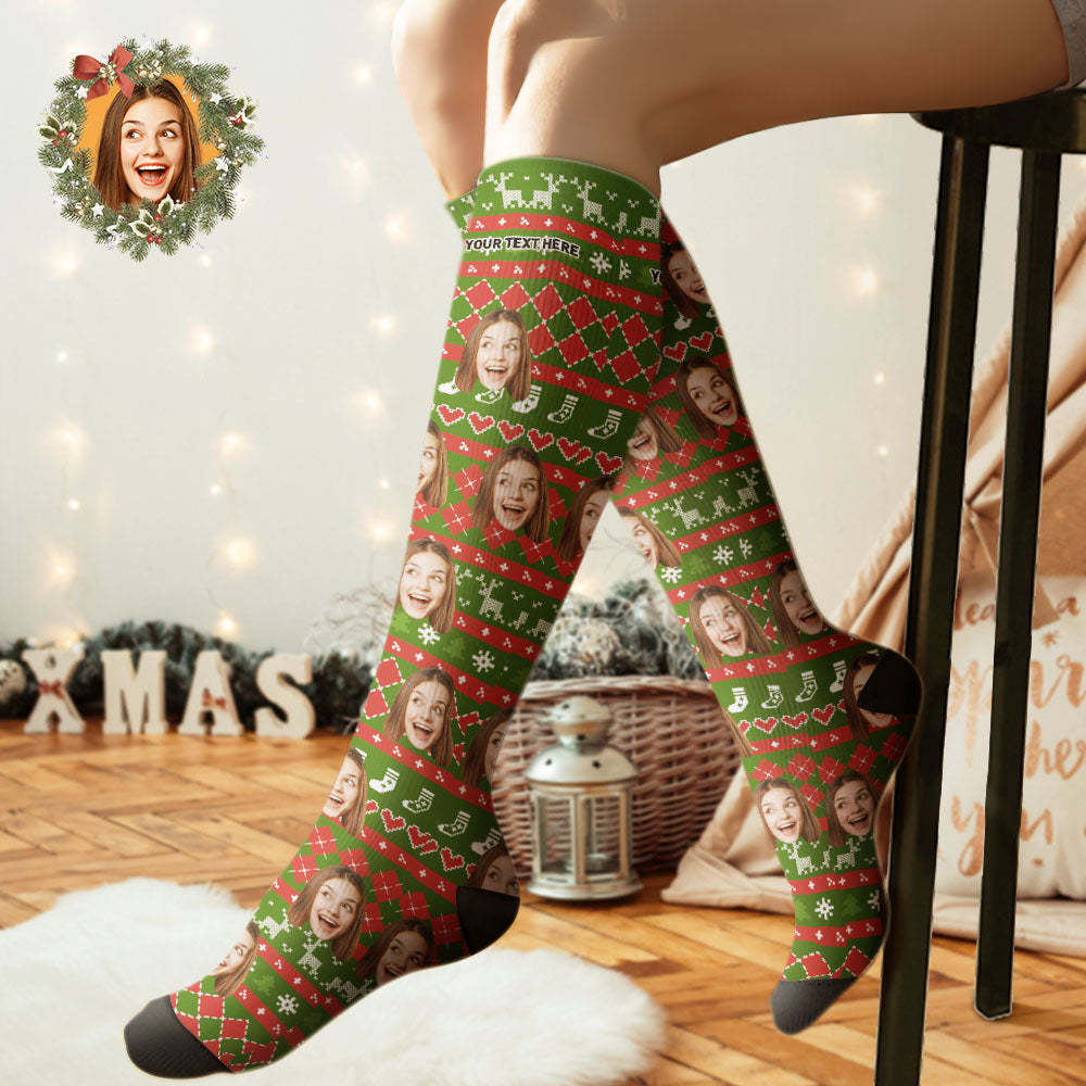 Custom Knee High Socks Personalized Face Christmas Socks Special Lines Add Pictrues - FaceSocksUSA