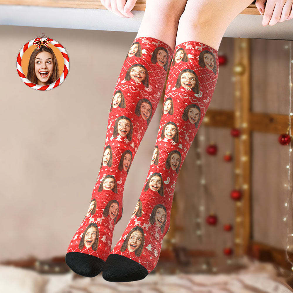 Custom Knee High Socks Personalized Face Christmas Socks Special Lines Add Pictrues - FaceSocksUSA