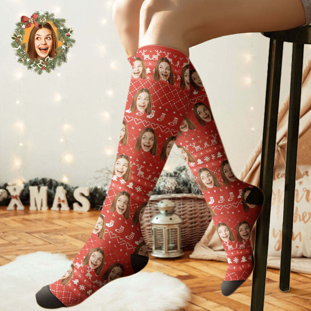 Custom Knee High Socks Personalized Face Christmas Socks Special Lines Add Pictrues - FaceSocksUSA