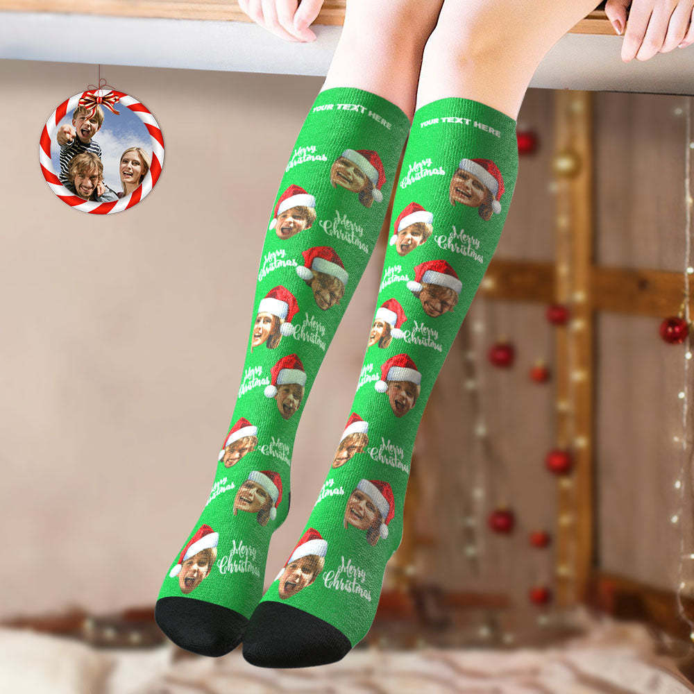 Custom Knee High Socks Personalized Face Socks Merry Christmas - FaceSocksUSA
