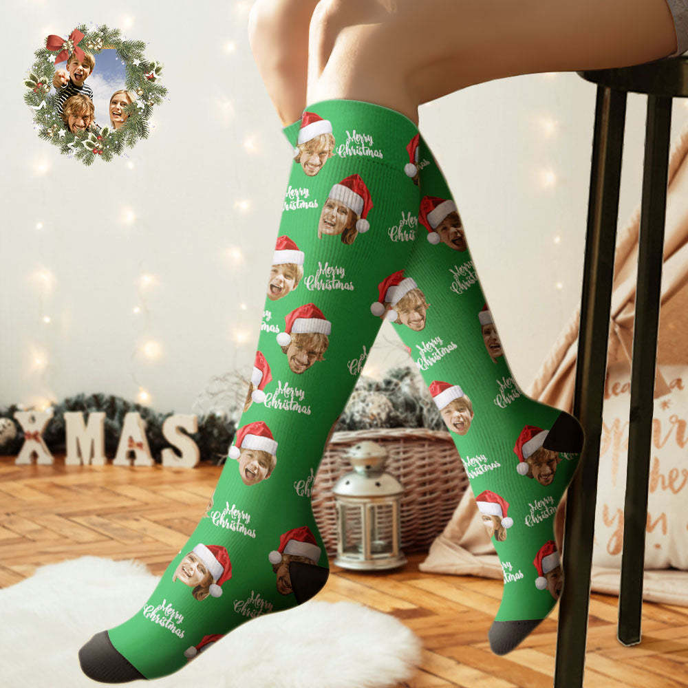 Custom Knee High Socks Personalized Face Socks Merry Christmas - FaceSocksUSA