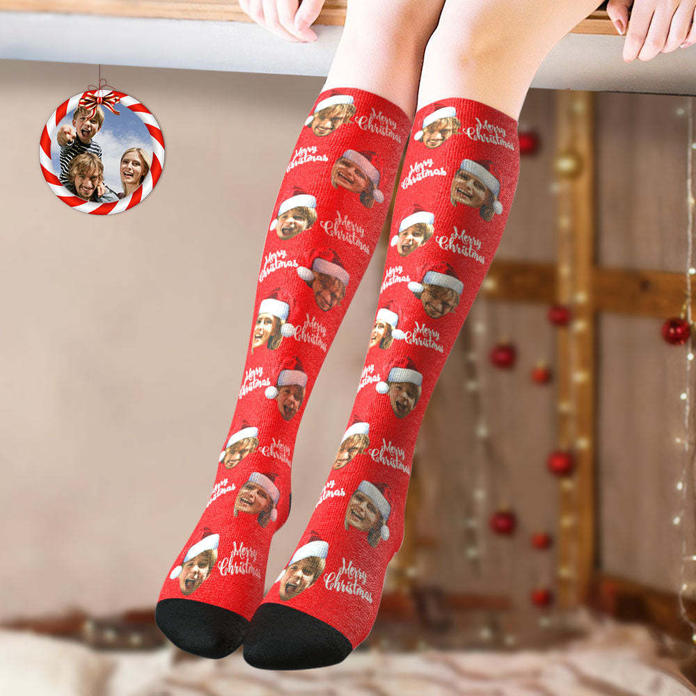 Custom Knee High Socks Personalized Face Socks Merry Christmas	 - FaceSocksUSA