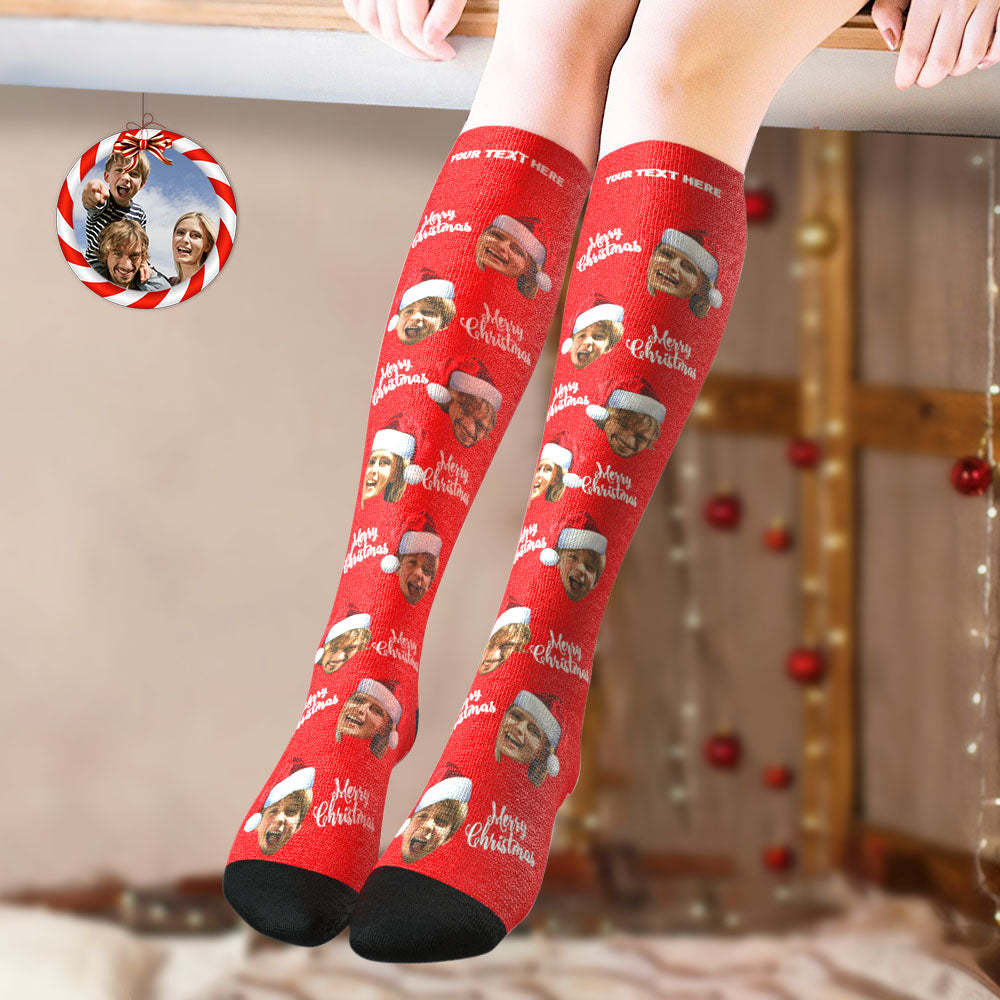 Custom Knee High Socks Personalized Face Socks Merry Christmas - FaceSocksUSA