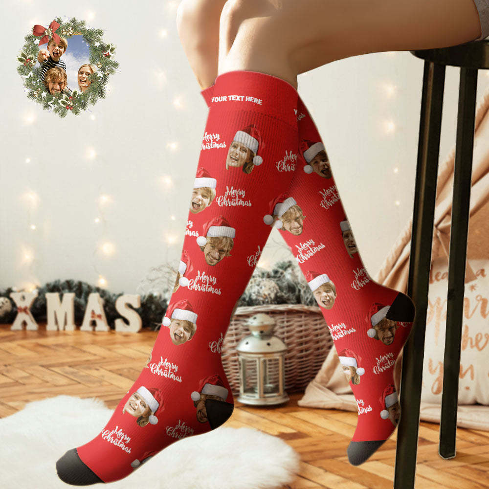 Custom Knee High Socks Personalized Face Socks Merry Christmas - FaceSocksUSA