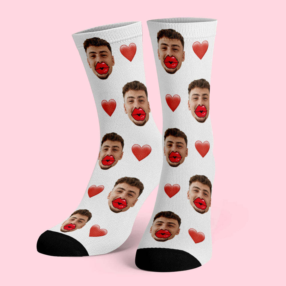 Custom Face Socks Heart and Red Lips Socks	 - FaceSocksUSA