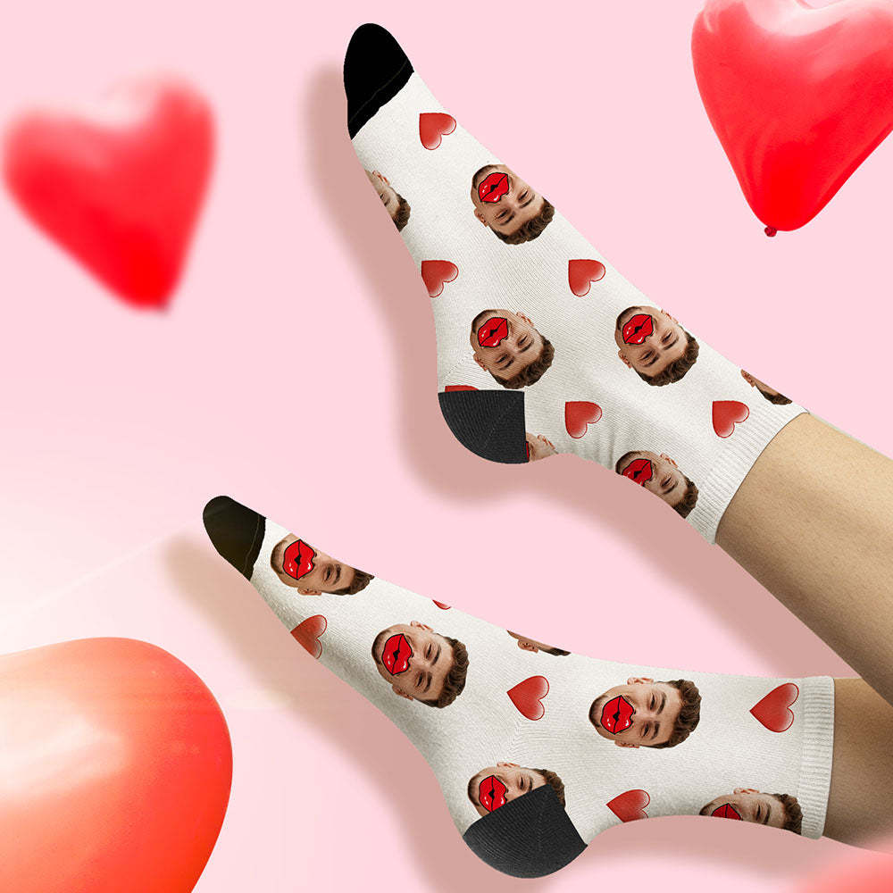 Custom Face Socks Heart and Red Lips Socks	 - FaceSocksUSA