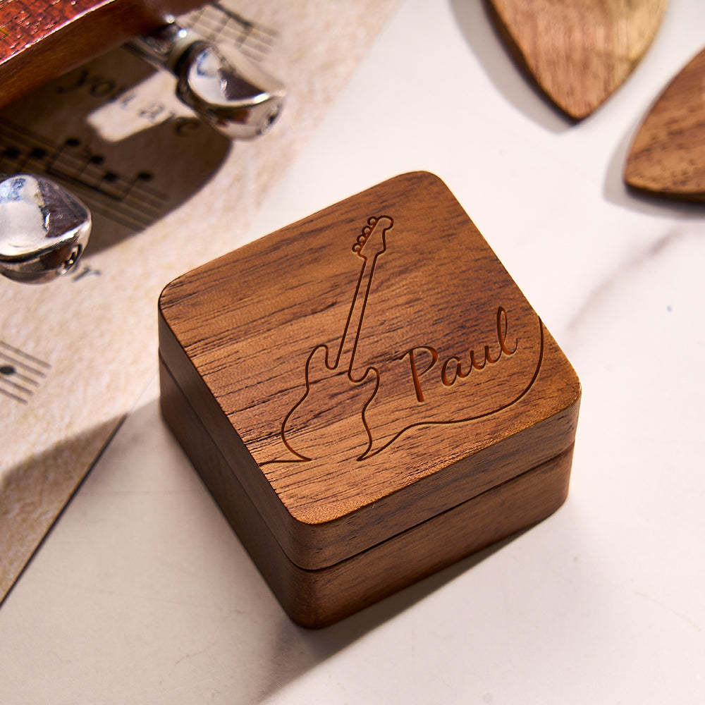 Custom Wooden Guitar Picks and Box Personalized Wood Guitar Plectrum Organizer Music Gift for Guitarist Musician	 - FaceSocksUSA