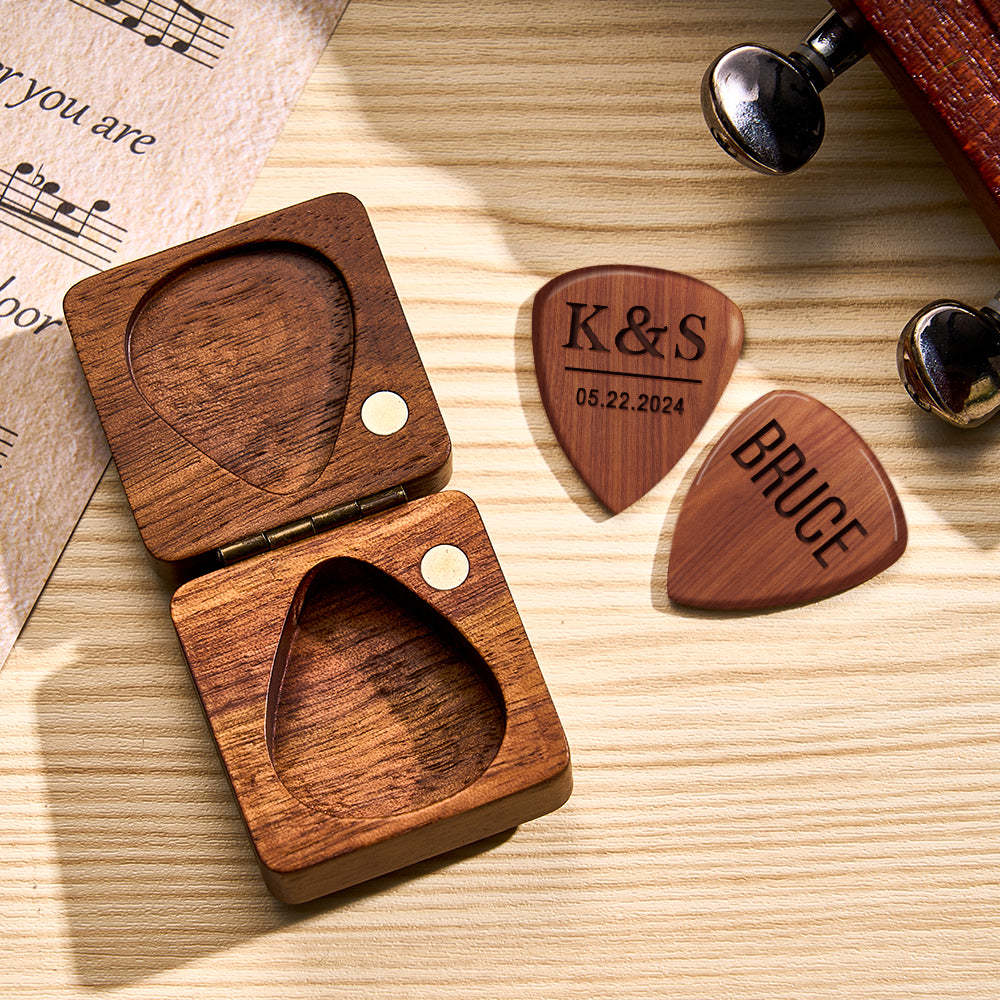 Custom Wooden Guitar Picks and Box Personalized Wood Guitar Plectrum Organizer Music Gift for Guitarist Musician	 - FaceSocksUSA