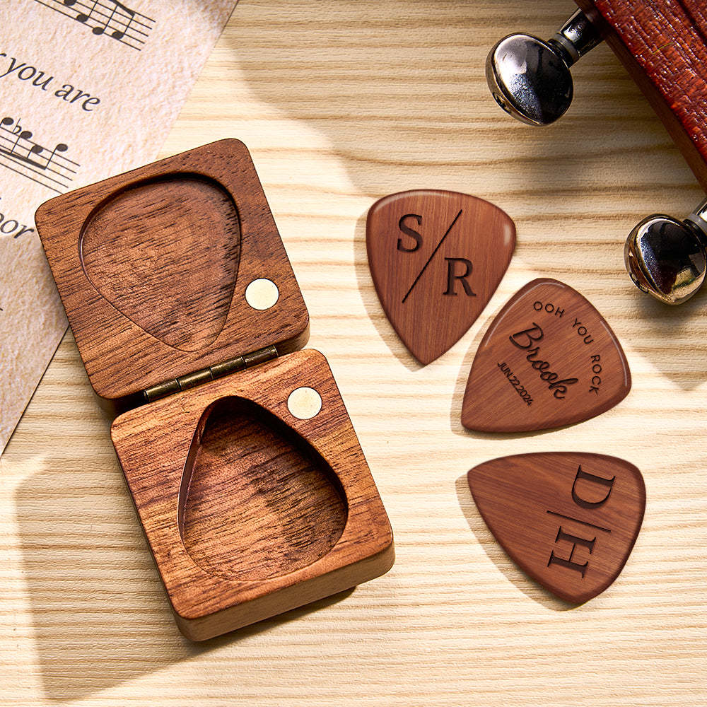 Custom Wooden Guitar Picks and Box Personalized Wood Guitar Plectrum Organizer Music Gift for Guitarist Musician	 - FaceSocksUSA