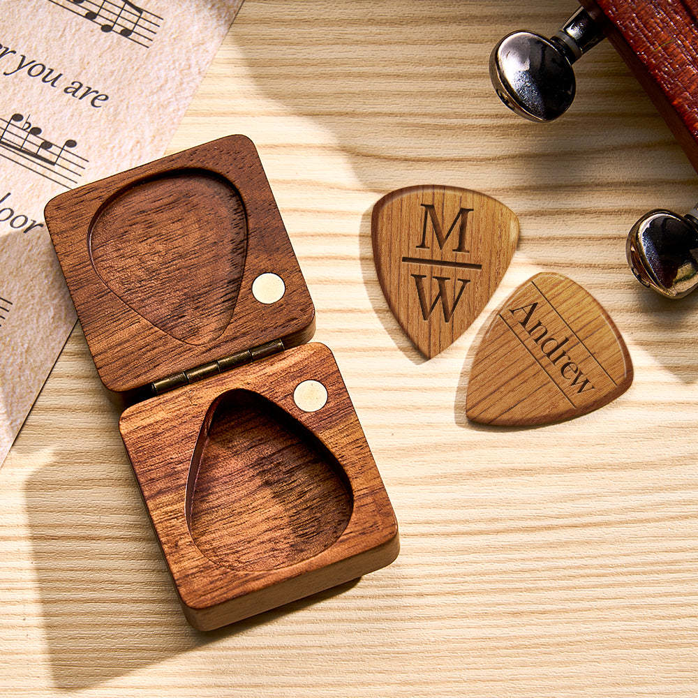 Custom Wooden Guitar Picks and Box Personalized Wood Guitar Plectrum Organizer Music Gift for Guitarist Musician	 - FaceSocksUSA