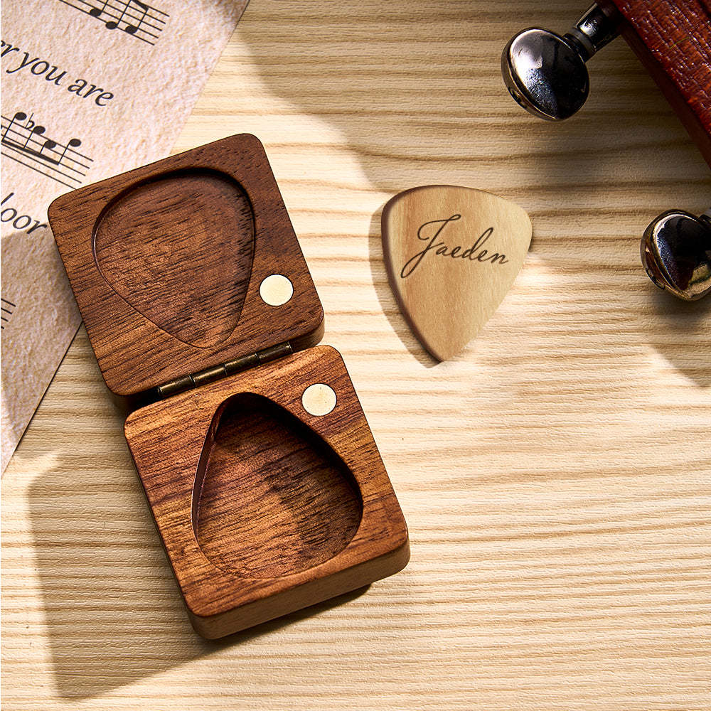 Custom Wooden Guitar Picks and Box Personalized Wood Guitar Plectrum Organizer Music Gift for Guitarist Musician	 - FaceSocksUSA