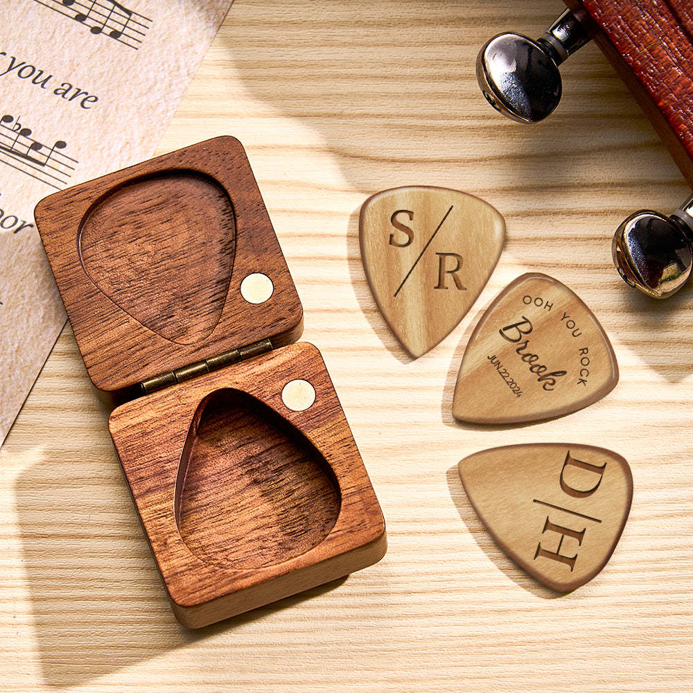 Custom Wooden Guitar Picks and Box Personalized Wood Guitar Plectrum Organizer Music Gift for Guitarist Musician	 - FaceSocksUSA