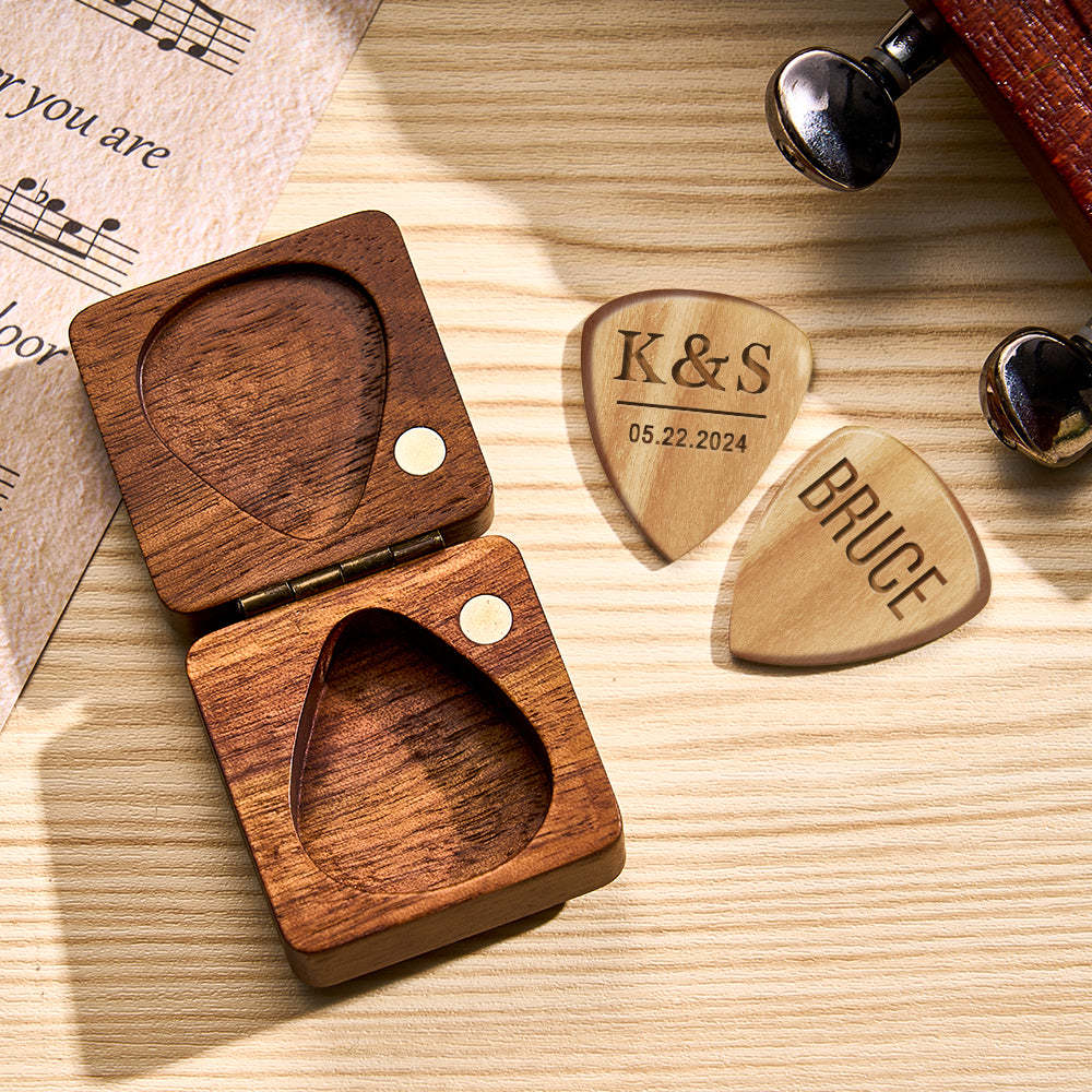 Custom Wooden Guitar Picks and Box Personalized Wood Guitar Plectrum Organizer Music Gift for Guitarist Musician	 - FaceSocksUSA