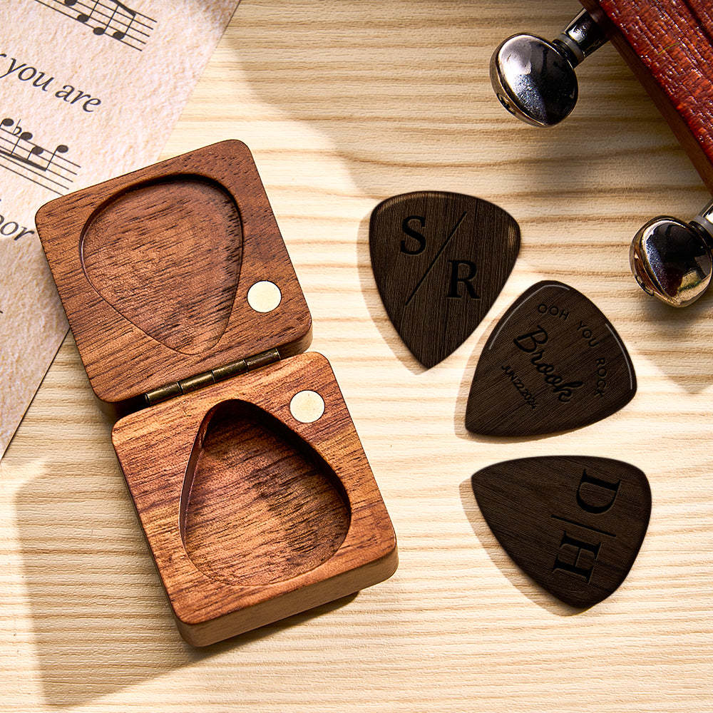 Custom Wooden Guitar Picks and Box Personalized Wood Guitar Plectrum Organizer Music Gift for Guitarist Musician	 - FaceSocksUSA