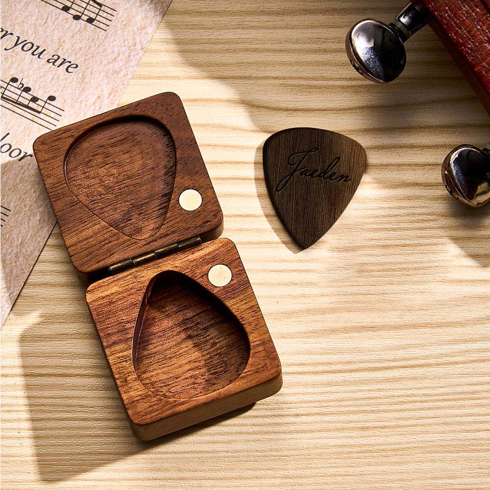 Custom Wooden Guitar Picks and Box Personalized Wood Guitar Plectrum Organizer Music Gift for Guitarist Musician	 - FaceSocksUSA