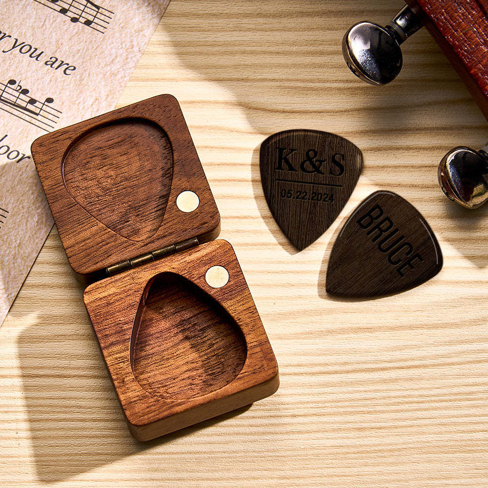 Custom Wooden Guitar Picks and Box Personalized Wood Guitar Plectrum Organizer Music Gift for Guitarist Musician	 - FaceSocksUSA