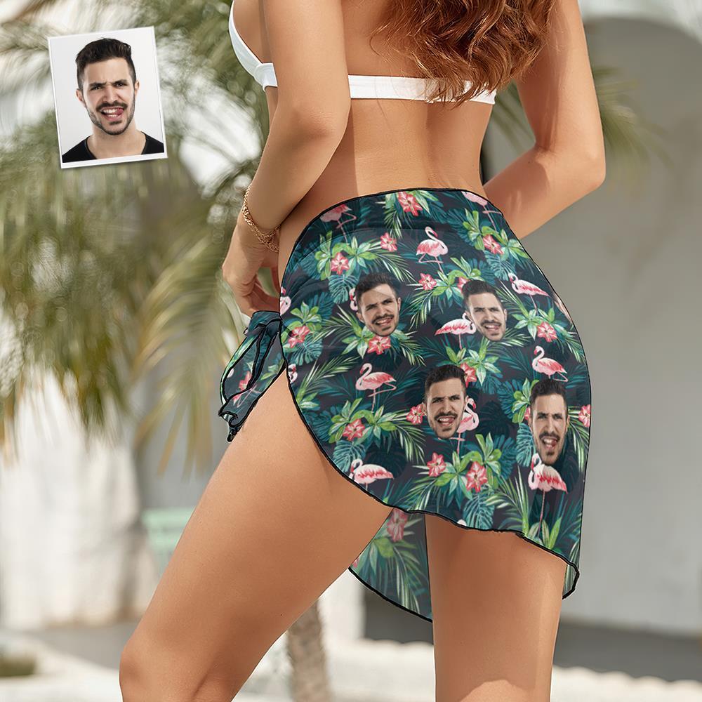 Custom Face Beach Wrap Women Short Sarongs - Flamingo Flowers And Leaves - FaceSocksUSA