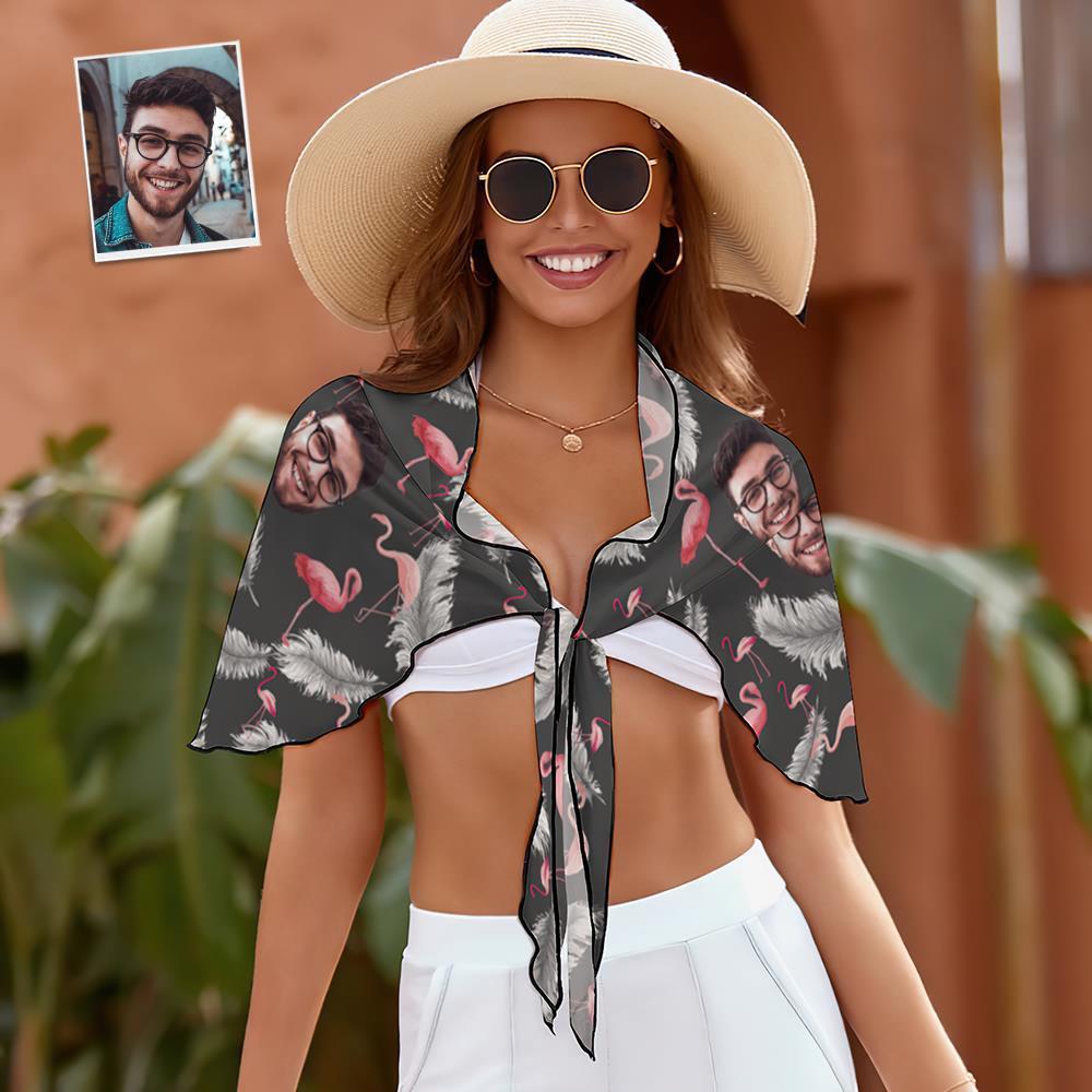 Custom Face Beach Wrap Women Short Sarongs - Flamingo And Feather - FaceSocksUSA