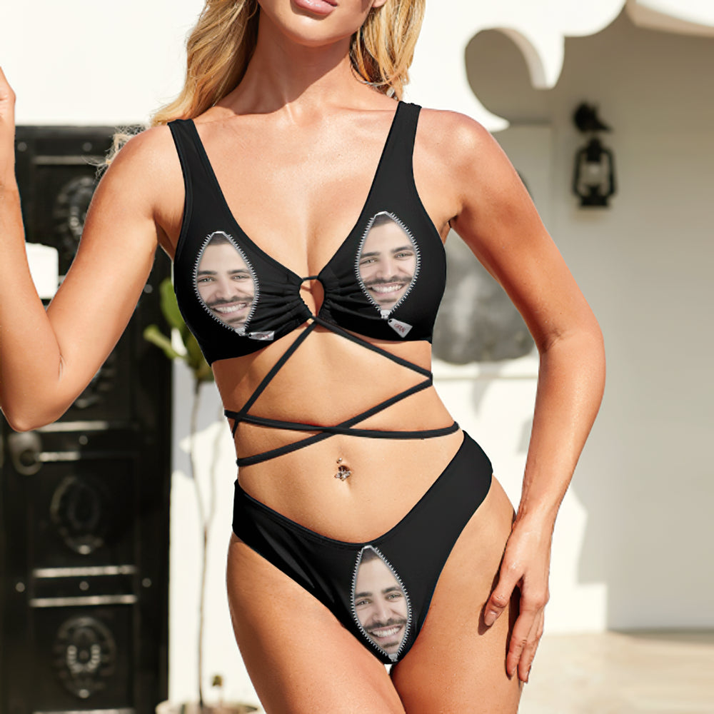 Custom Face Bikini Swimming Costume Women's Chest Strap Bathing Suit Personalized Photo Bikini Gift - Zipper
