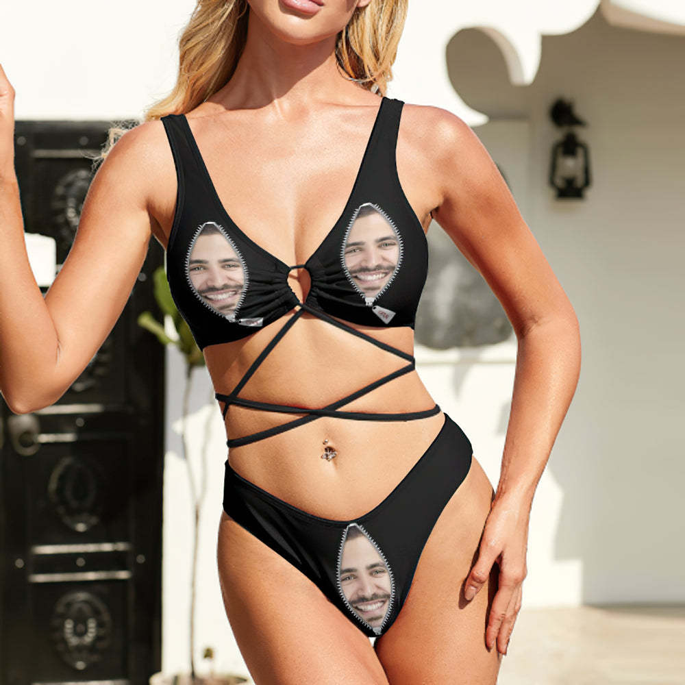 Custom Face Bikini Swimming Costume Women's Chest Strap Bathing Suit Personalized Photo Bikini Gift - Zipper - FaceSocksUSA