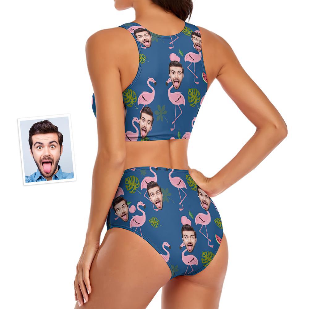Custom Face Women's Pink Flamingo Pattern Two-piece Swimsuit - FaceSocksUSA