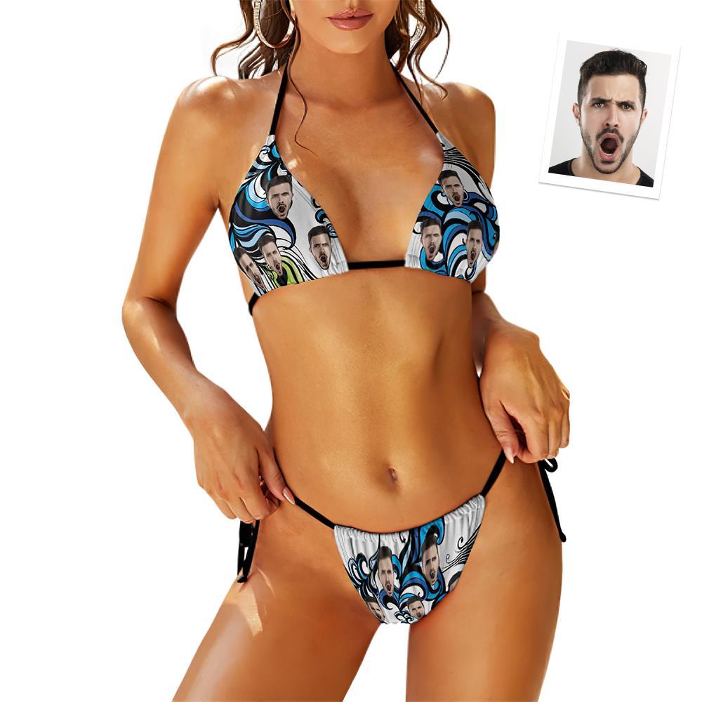 Custom Face Swimming Suit Sexy Strappy Bikini Waves - FaceSocksUSA