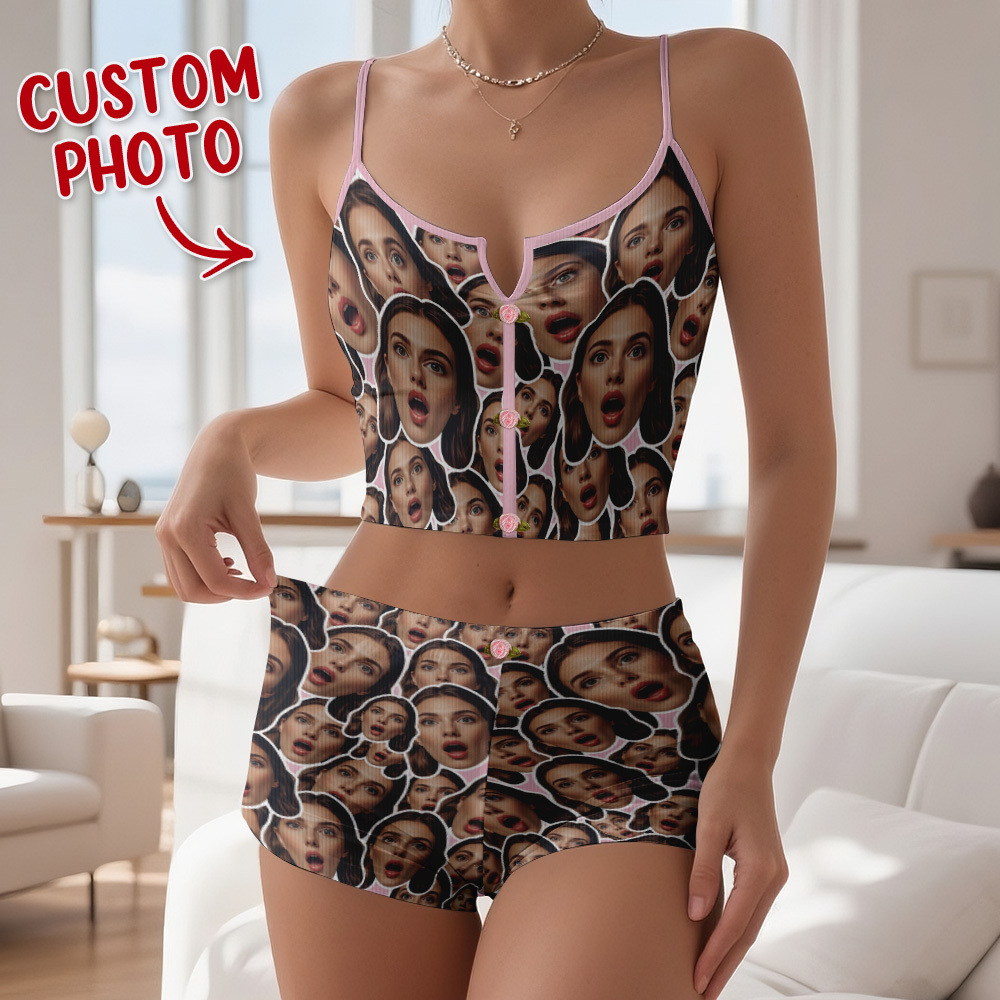 Valentine's Gifts Custom Facemash Appliques Notched Neckline Lingerie Set - FaceSocksUSA