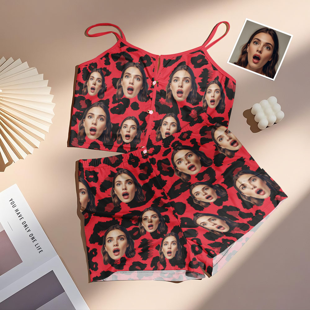 Valentine's Gifts Custom Face Appliques Notched Neckline Lingerie Set Leopard Print - FaceSocksUSA