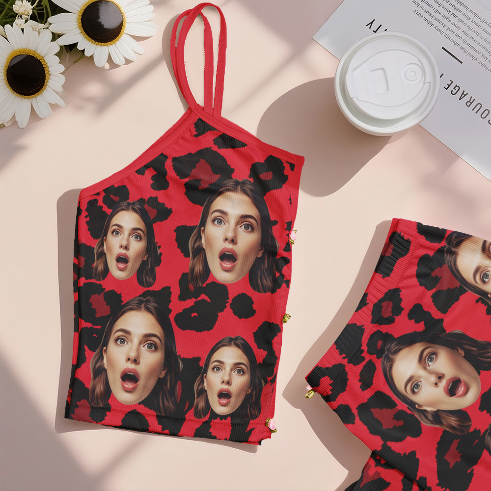 Valentine's Gifts Custom Face Appliques Notched Neckline Lingerie Set Leopard Print - FaceSocksUSA