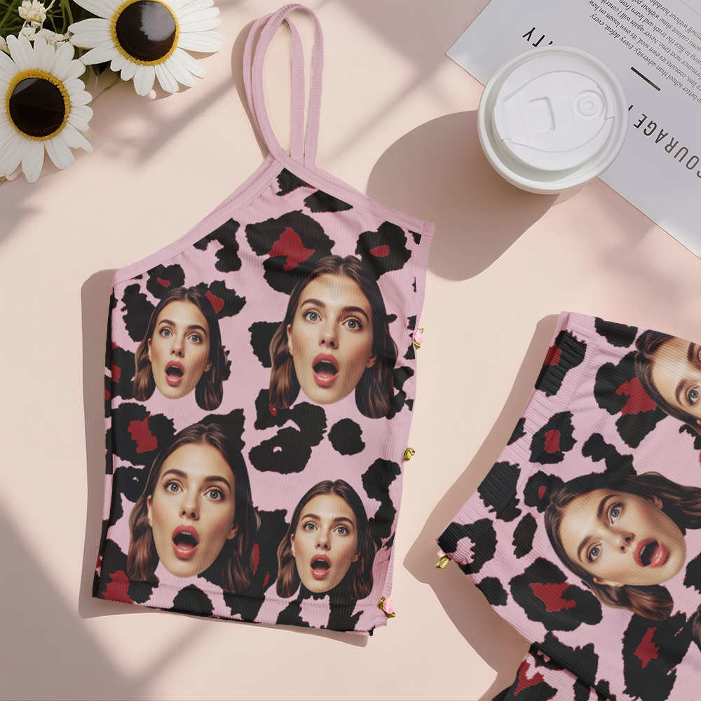 Valentine's Gifts Custom Face Appliques Notched Neckline Lingerie Set Leopard Print - FaceSocksUSA