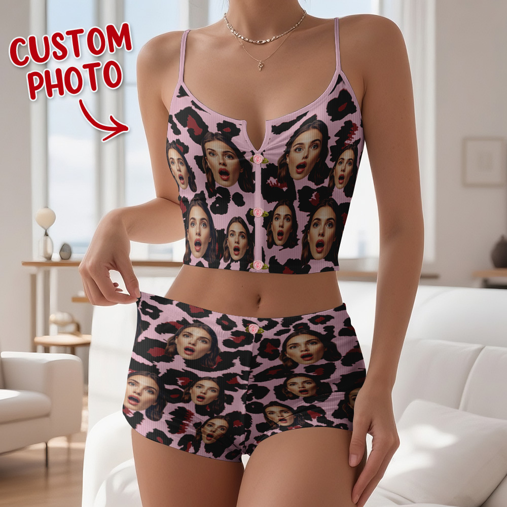 Valentine's Gifts Custom Face Appliques Notched Neckline Lingerie Set Leopard Print - FaceSocksUSA