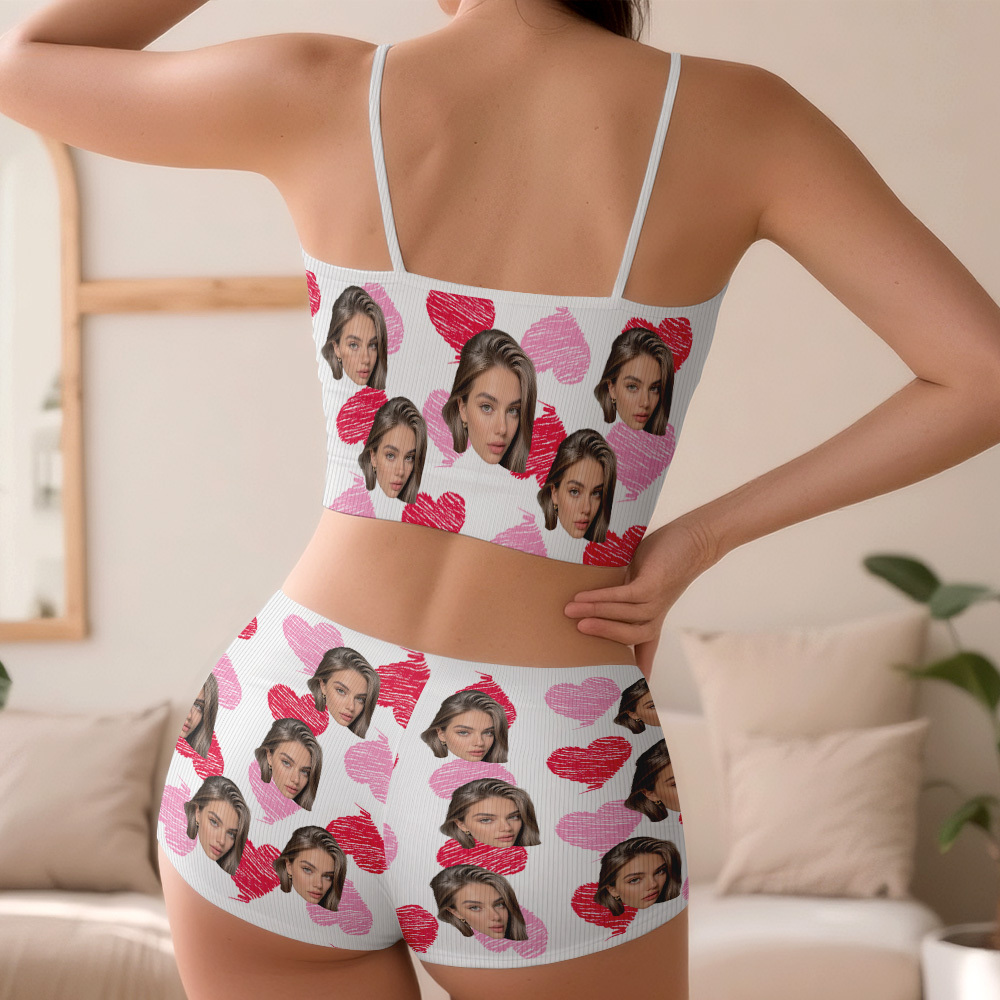 Valentine's Gifts Custom Face Appliques Notched Neckline Lingerie Set Red and Pink Heart - FaceSocksUSA