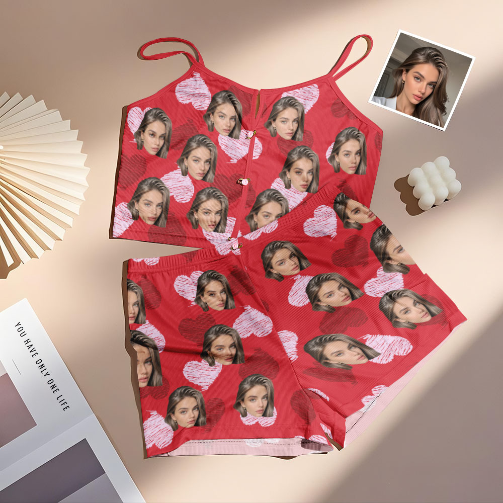 Valentine's Gifts Custom Face Appliques Notched Neckline Lingerie Set Red and Pink Heart - FaceSocksUSA