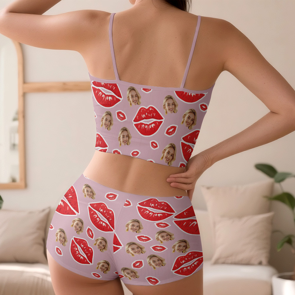 Valentine's Gifts Custom Face Appliques Notched Neckline Lingerie Set Red Lips - FaceSocksUSA