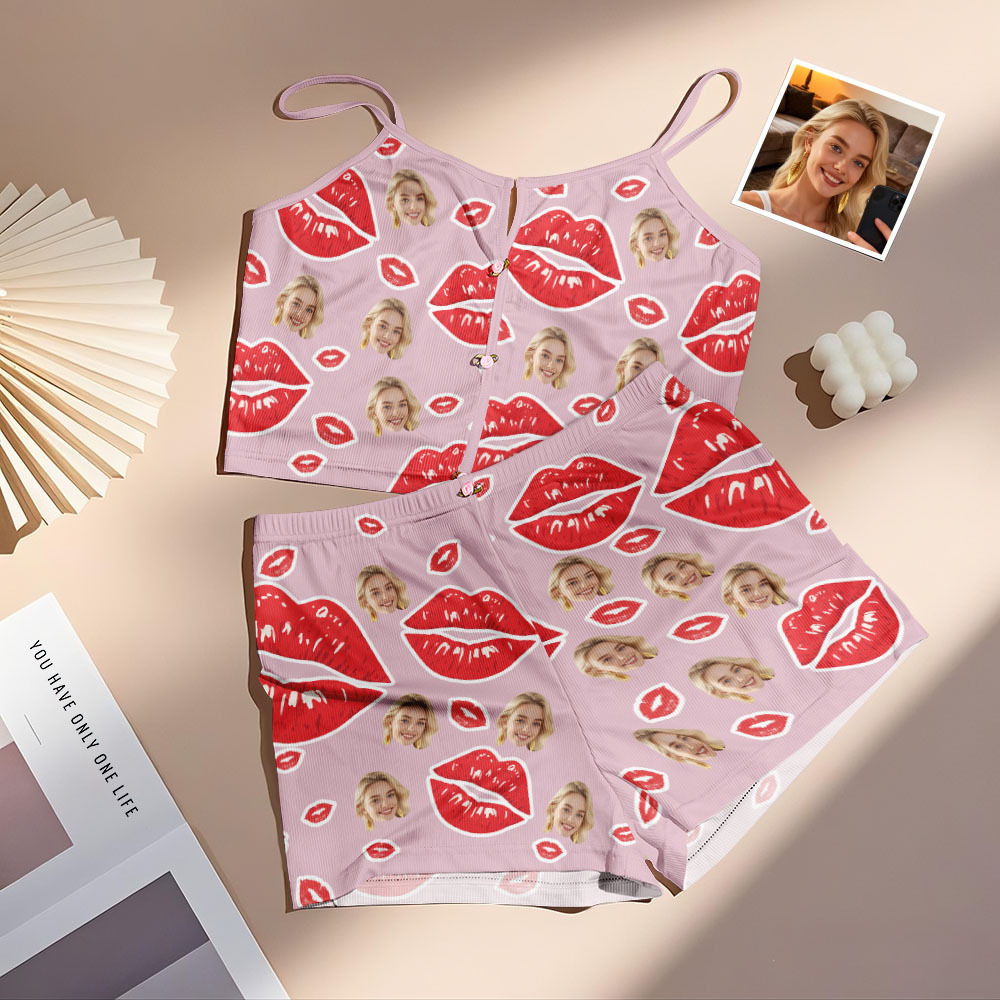 Valentine's Gifts Custom Face Appliques Notched Neckline Lingerie Set Red Lips - FaceSocksUSA