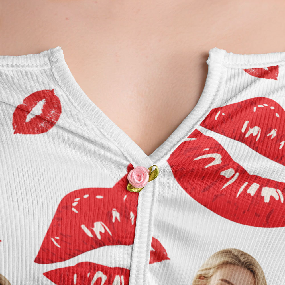 Valentine's Gifts Custom Face Appliques Notched Neckline Lingerie Set Red Lips - FaceSocksUSA