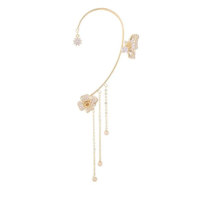 Valentine's Day Butterfly Tassel Flower Earrings Fashion butterfly Zirconia Ear Clip - FaceSocksUSA