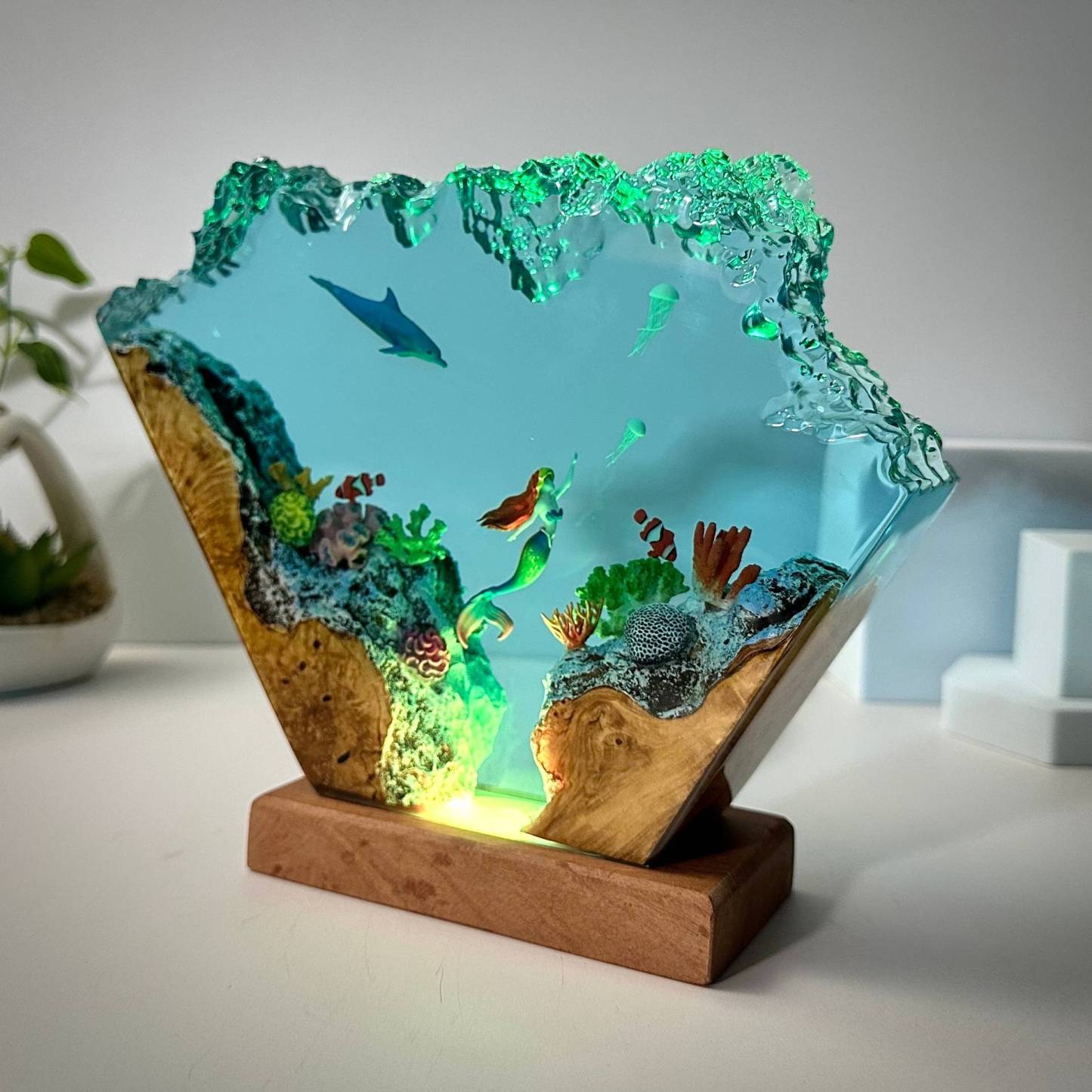 Dolphin and Mermaid Resin Lamp Art Decorative Lamp Resin Wood Art Lamp Birthday Gift Ideas	 - FaceSocksUSA
