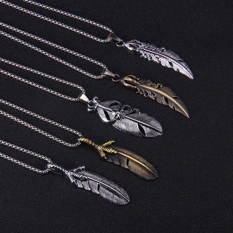 Feather Pendant Necklace Men's Trendy Personality Fashion Nightclub Europe and the United States Hip-hop Street Jewelry - FaceSocksUSA