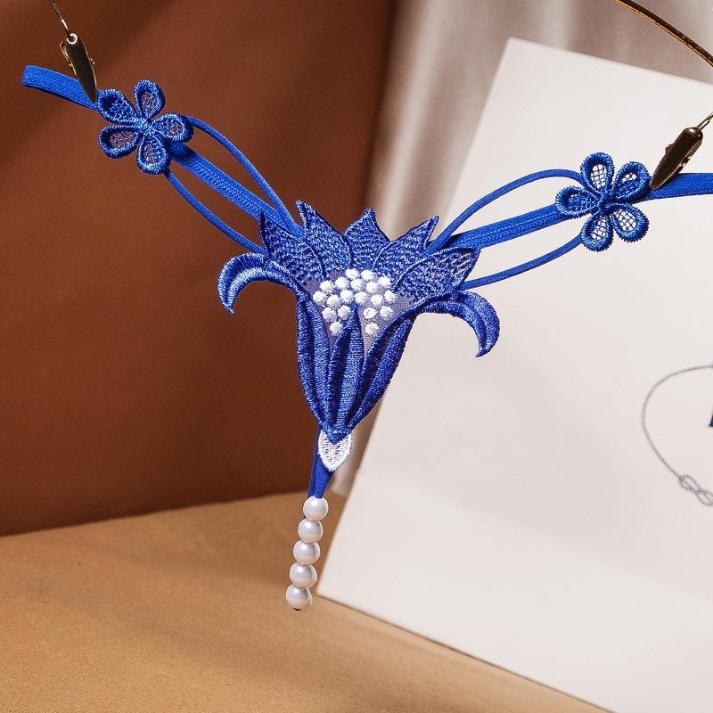Pearl Thong Underwear - Low Rise Erotic Temptation Panty Flower Beading One Size Panties