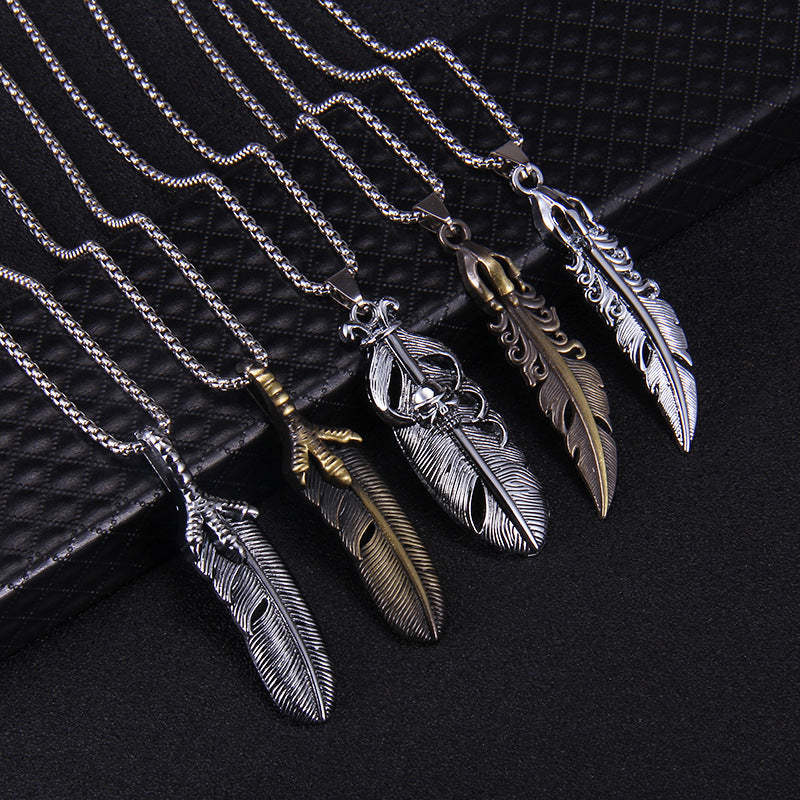 Feather Pendant Necklace Men's Trendy Personality Fashion Nightclub Europe and the United States Hip-hop Street Jewelry - FaceSocksUSA