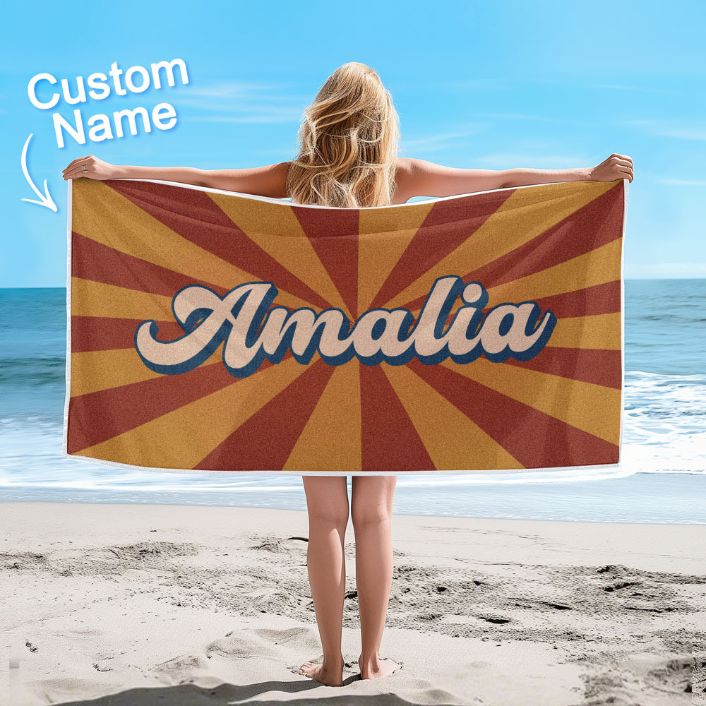 Custom Beach Towel with Name Burst Style Stripe Pattern Outside Vacation Gift - FaceSocksUSA