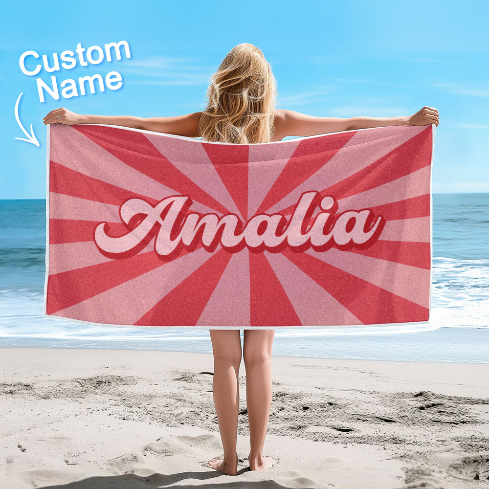 Custom Beach Towel with Name Burst Style Stripe Pattern Outside Vacation Gift - FaceSocksUSA