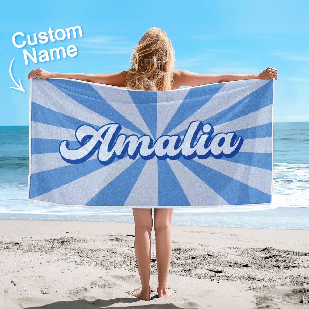 Custom Beach Towel with Name Burst Style Stripe Pattern Outside Vacation Gift - FaceSocksUSA