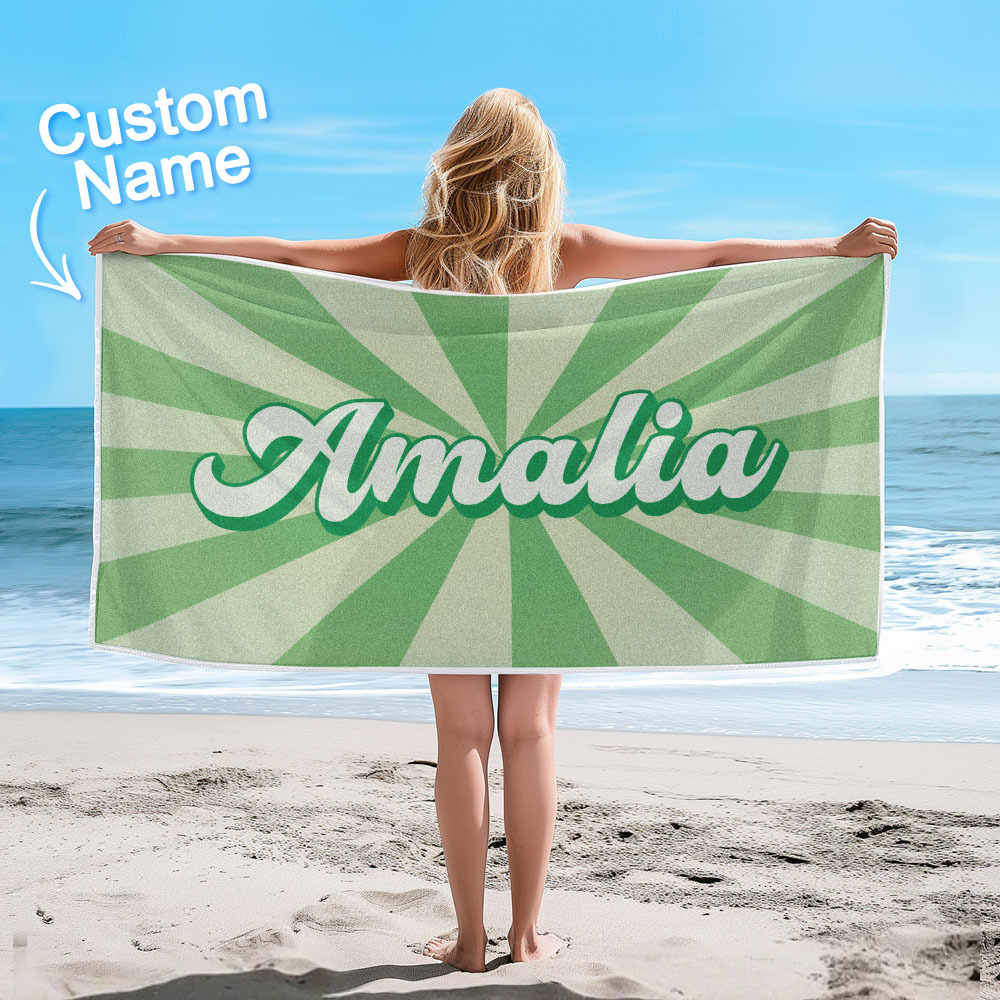 Custom Beach Towel with Name Burst Style Stripe Pattern Outside Vacation Gift - FaceSocksUSA